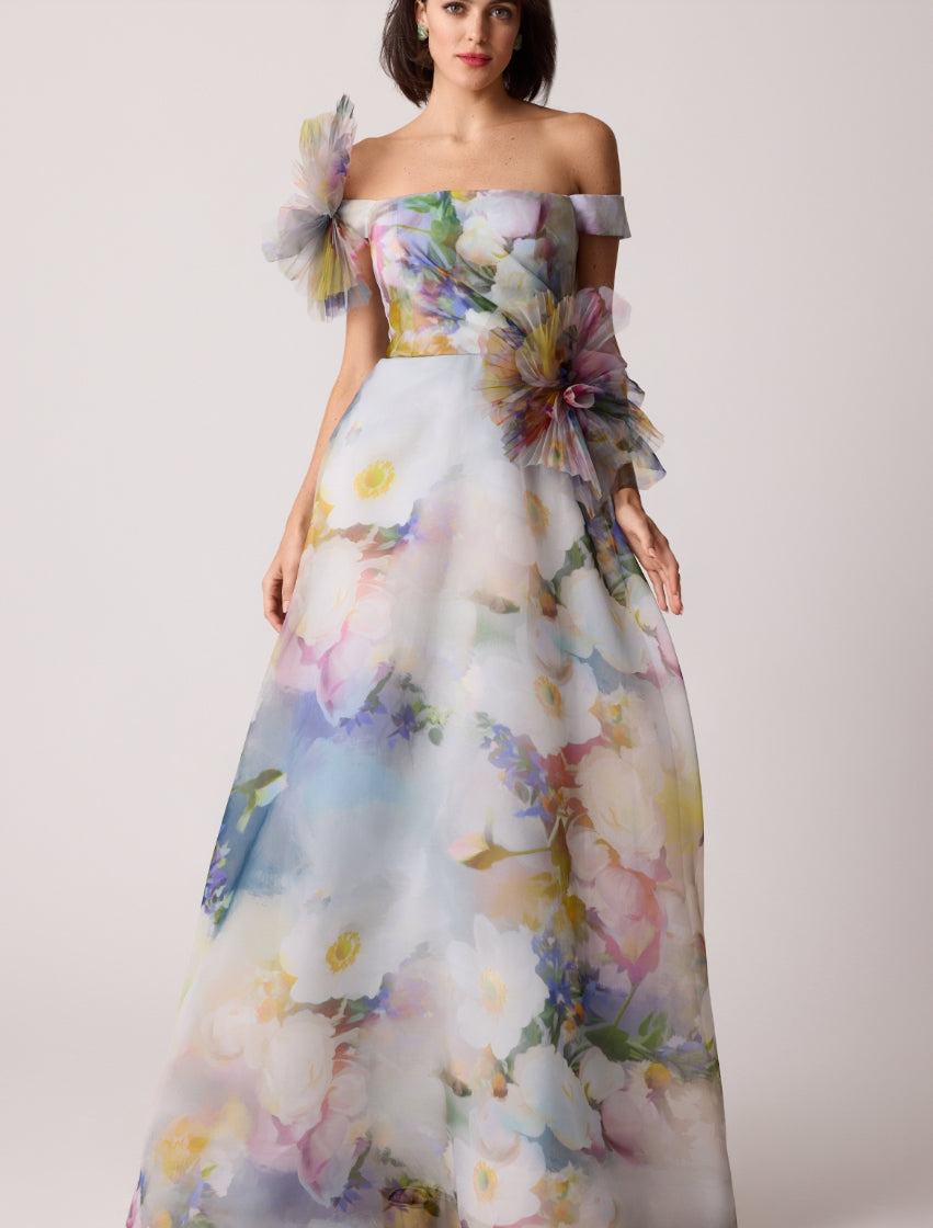 Teri Jon 259092 Print Off the Shoulder Dress with Flower Detail