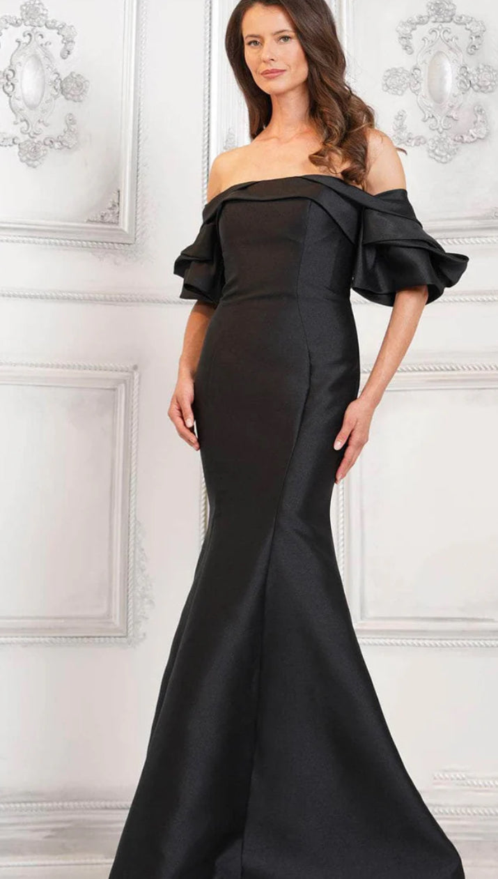 Colors MV1290 Black Long Gown with Off the Shoulder Sleeves