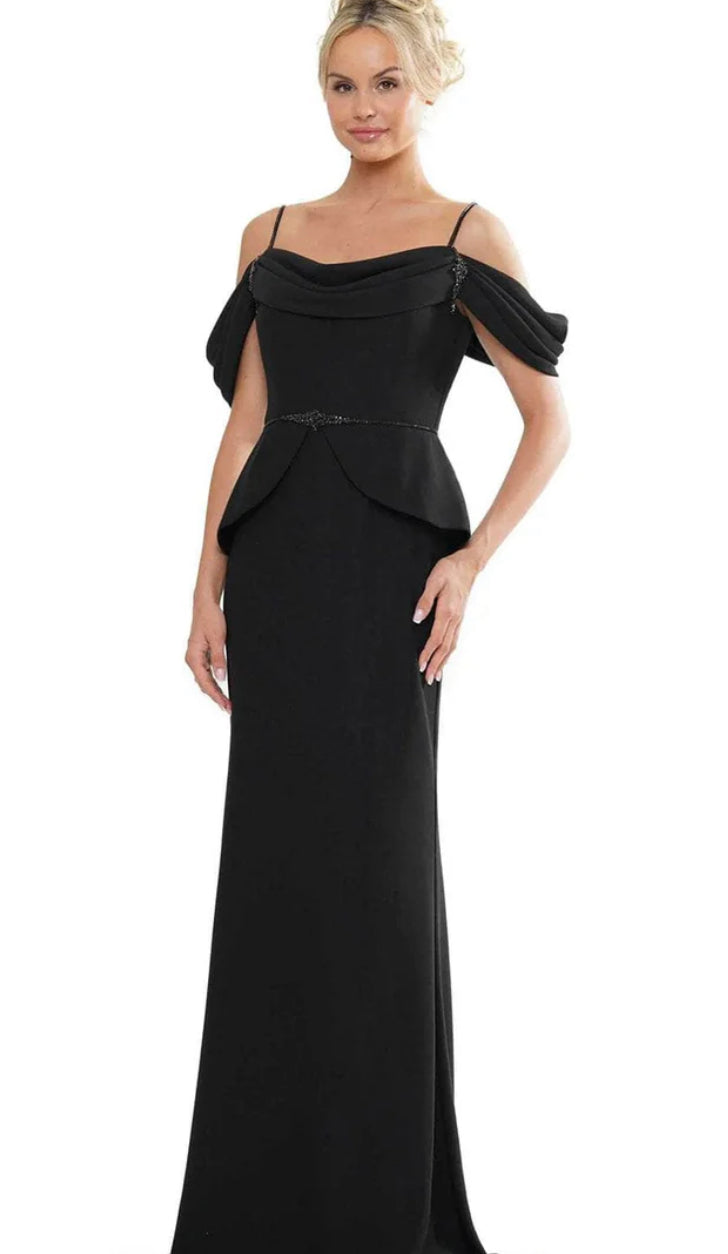 Marsoni MV1271 Black Off the Shoulder Crepe Gown with Delicate Beaded Detail