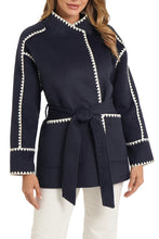 Load image into Gallery viewer, Love Token Lexa Wrap Coat in Navy with Ivory Stiching
