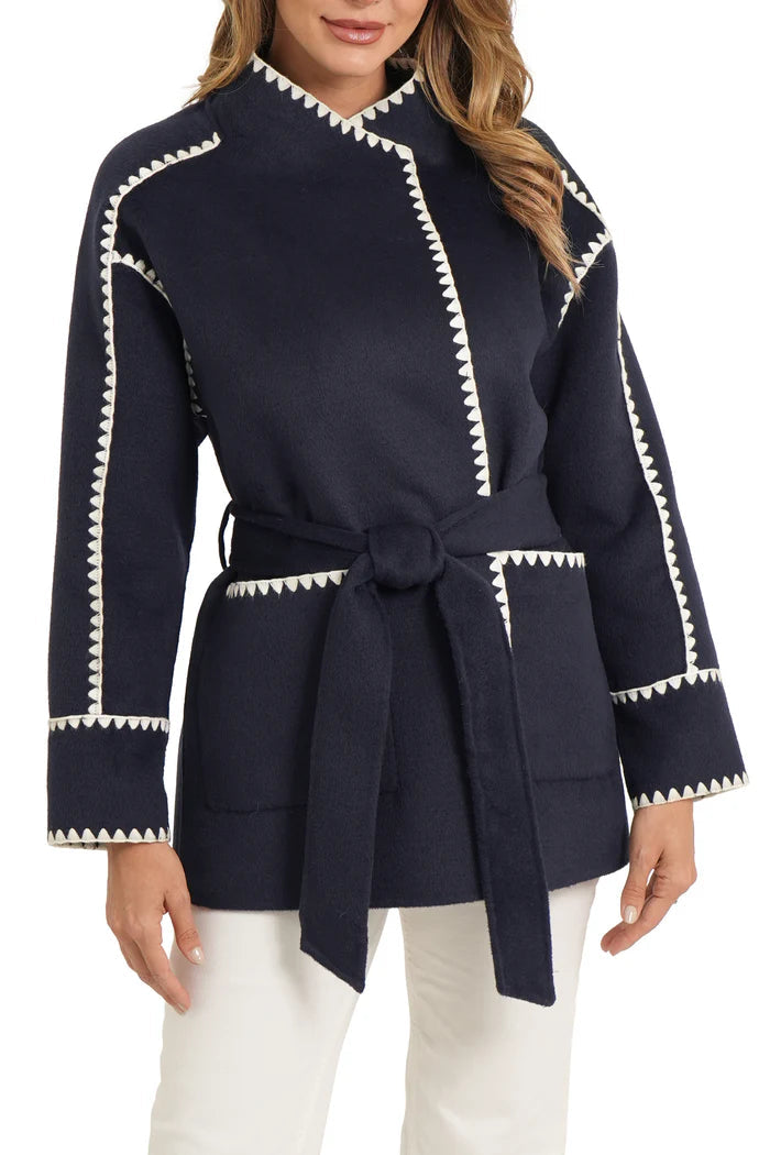Love Token Lexa Wrap Coat in Navy with Ivory Stiching