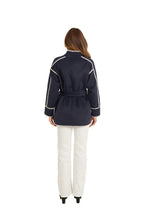 Load image into Gallery viewer, Love Token Lexa Wrap Coat in Navy with Ivory Stiching
