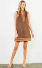Load image into Gallery viewer, THML THS1873 Sleeveless Suede Dress with Vegan Leather Trim in Brown
