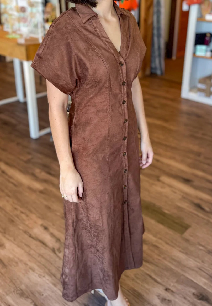 THML WCT3294 Short Sleeve Vegan Suede Chocolate Dress