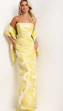 Load image into Gallery viewer, Jovani 45289 Strapless Ruched Gown in Yellow Damask
