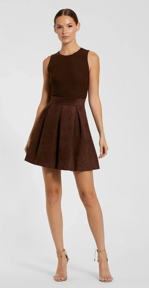 Macduggal 81071 Chocolate Sleeveless Mesh and Vegan Suede Mini Dress