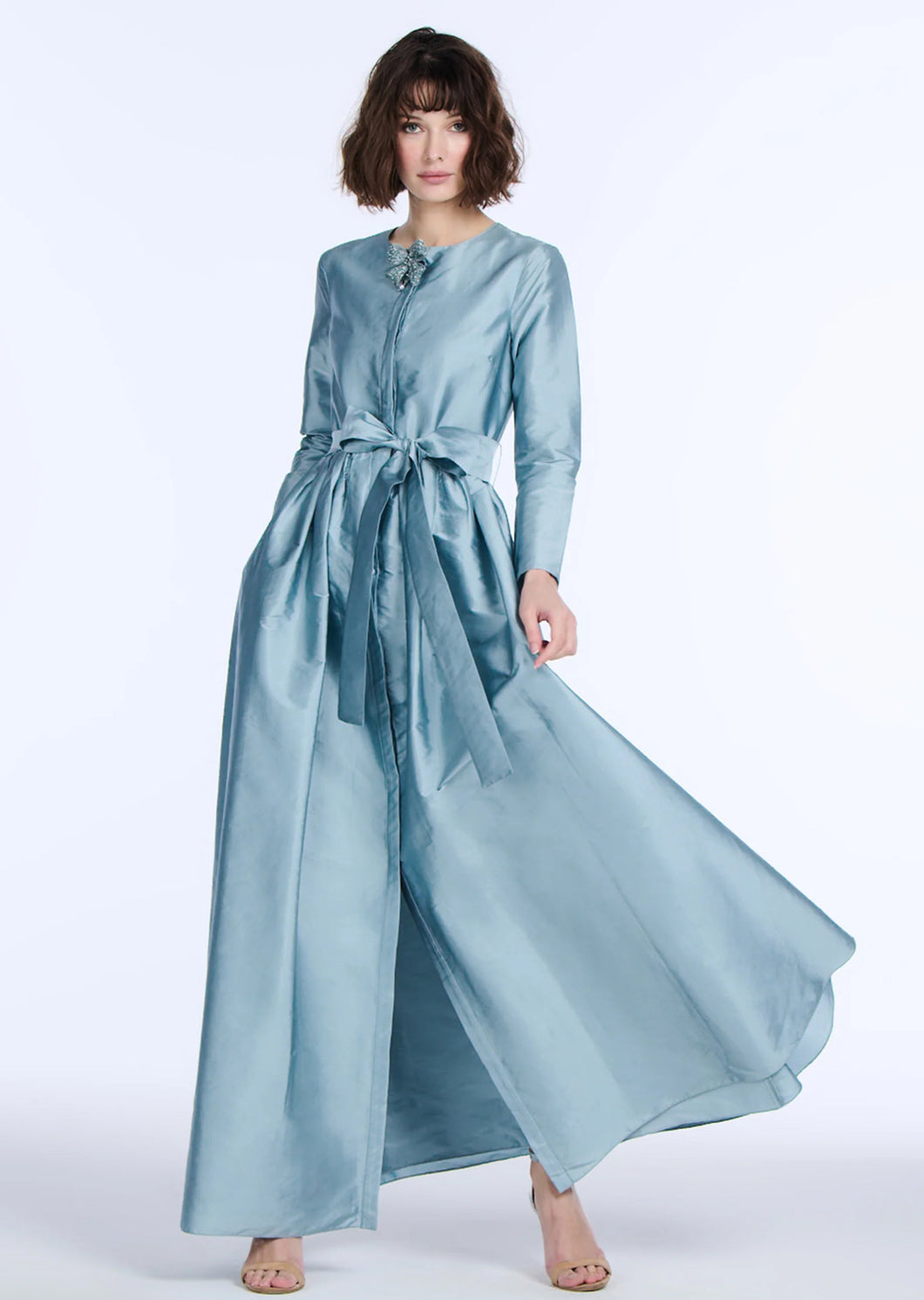 Emily Shalant Long Sleeve Taffeta Dress with Beaded Brooch