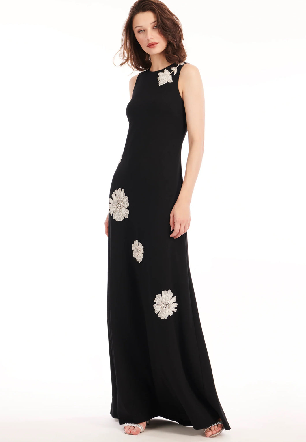 Emily Shalant Sleeveless Long Gown with Beaded Appliqués