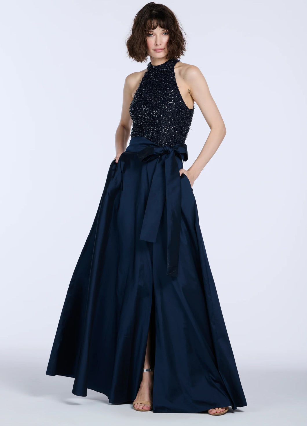 Emily Shalant Halter Gown with Beaded Bodice and Taffeta Skirt