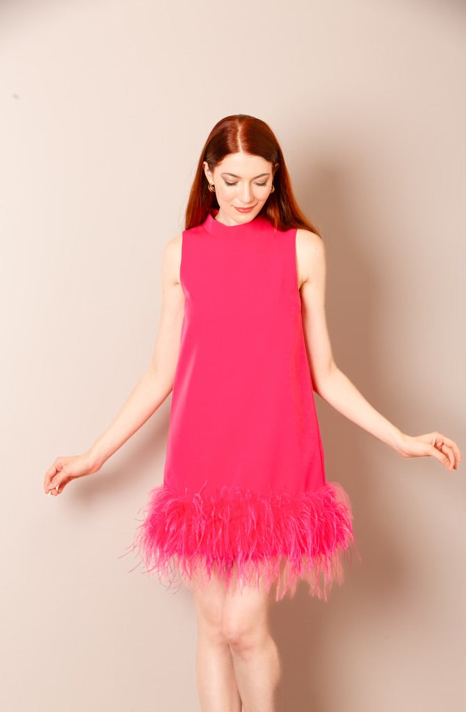 Jessie Liu Hot Pink Sleeveless Crepe Dress with Feather Trim – Gigi's  Closette Ltd
