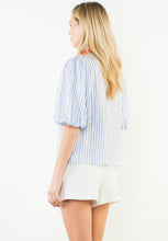 Load image into Gallery viewer, THML WCT3506 Puff Sleeve Striped Top with Ribbon Detail Down Front
