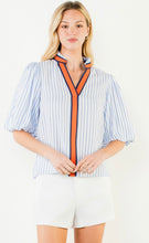 Load image into Gallery viewer, THML WCT3506 Puff Sleeve Striped Top with Ribbon Detail Down Front
