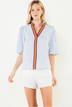 Load image into Gallery viewer, THML WCT3506 Puff Sleeve Striped Top with Ribbon Detail Down Front
