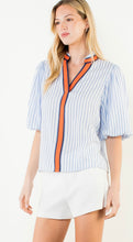 Load image into Gallery viewer, THML WCT3506 Puff Sleeve Striped Top with Ribbon Detail Down Front
