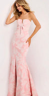 Jovani 48260 Pink Strapless Jacquard Long Gown with Bow Detail