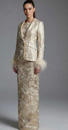 Jovani 48224 Structured Brocade Jacket and Column Dress with Feather Cuff