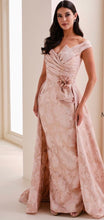 Load image into Gallery viewer, Montage M4201 Brocade Off the Shoulder Sheath with Flower Detail
