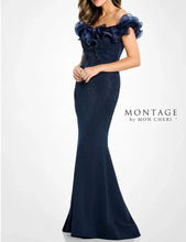 Load image into Gallery viewer, Montage M503 Off the Shoulder Dress with Beading Throughout and Ruffle on Neckline
