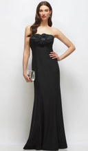 Load image into Gallery viewer, Dessy 3179 Strapless Crepe Gown with Hand made Flower Appliqué
