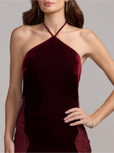 Load image into Gallery viewer, Macduggal 21576 Burgundy Velvet Halter with Lace Detail
