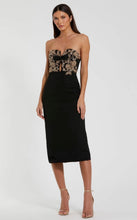 Load image into Gallery viewer, Macduggal 49928 Black Strapless Midi Dress with Beaded Bodice
