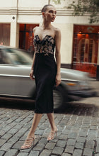 Load image into Gallery viewer, Macduggal 49928 Black Strapless Midi Dress with Beaded Bodice
