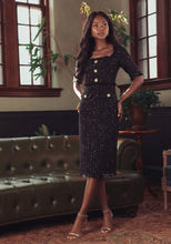 Load image into Gallery viewer, Macduggal 27661 Black Boucle Square Neck Midi Dress with Elbow Length Sleeve
