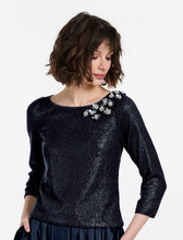 Load image into Gallery viewer, Emily Shalant Sequin Top with Paillette Flowers and 3/4 Sleeve
