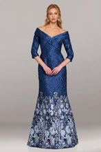 Load image into Gallery viewer, Feriani 18669 Teal Crushed Taffeta Off the Shoulder Long Gown with Floral Detail

