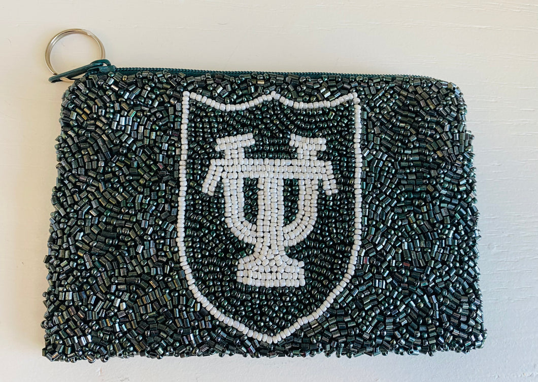 Tulane University Green and White Beaded Coin Purse
