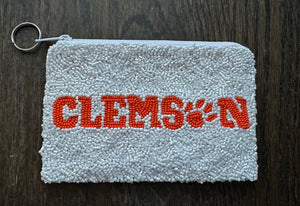 Clemson Coin Purse with White Background and Orange Logo