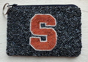 Syracuse Beaded Coin Purse with Navy Background and Orange/White Logo