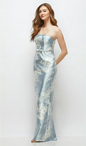 Dessy D880FP Floral Strapless Satin Column Dress with Bow at Waist