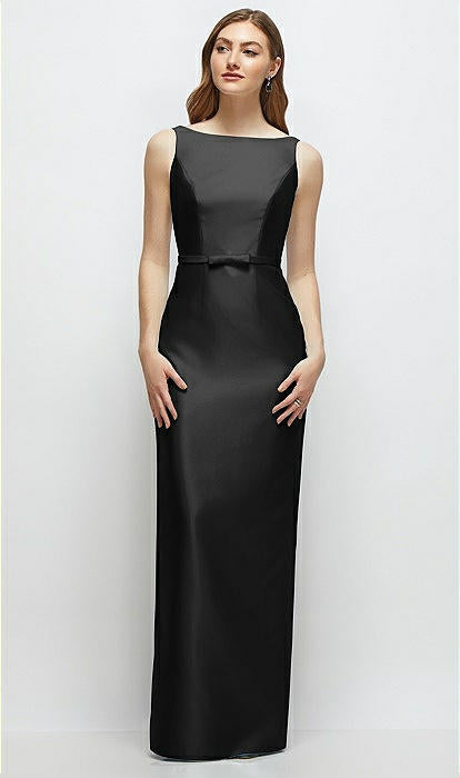 Dessy D881 Bateau Neck Satin Column Dress with Bow Skinny Belt
