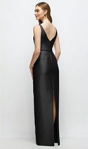 Dessy D881 Bateau Neck Satin Column Dress with Bow Skinny Belt