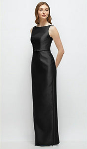 Dessy D881 Bateau Neck Satin Column Dress with Bow Skinny Belt