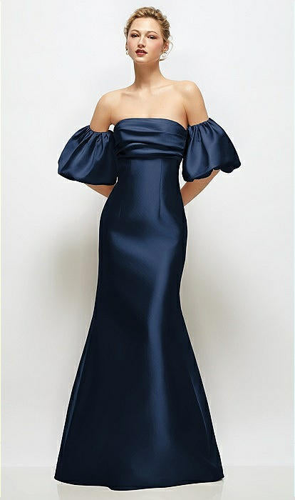 Dessy D885 Off the Shoulder Puff Sleeve Satin Maxi Dress with Flared Skirt