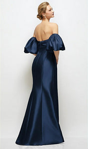 Dessy D885 Off the Shoulder Puff Sleeve Satin Maxi Dress with Flared Skirt