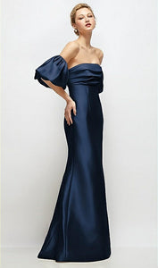 Dessy D885 Off the Shoulder Puff Sleeve Satin Maxi Dress with Flared Skirt
