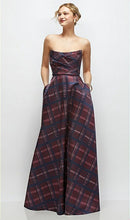 Load image into Gallery viewer, Dessy 3171ATR Strapless Draped Tartan Plaid Maxi Dress with Full Skirt
