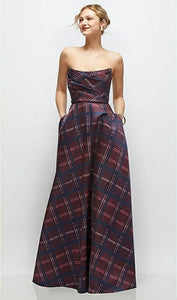 Dessy 3171ATR Strapless Draped Tartan Plaid Maxi Dress with Full Skirt