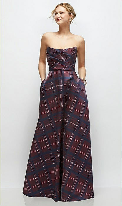 Dessy 3171ATR Strapless Draped Tartan Plaid Maxi Dress with Full Skirt