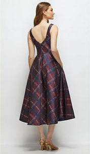 Dessy 3172ATR Square Neck Tartan Plaid Midi Dress