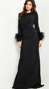 Jovani 25898 Black Long Sleeved with Feather Trim