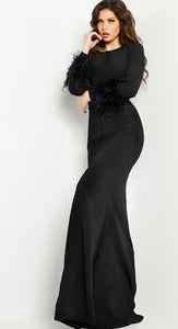 Jovani 25898 Black Long Sleeved with Feather Trim