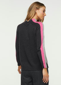Zaket and Plover Marl Contrast Funnel Sweater with Pink and Black Trim