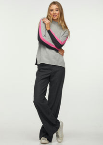 Zaket and Plover Marl Contrast Funnel Sweater with Pink and Black Trim