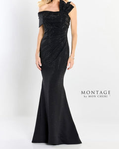 Montage M2214 Charcoal Off The Shoulder Crepe Long Gown