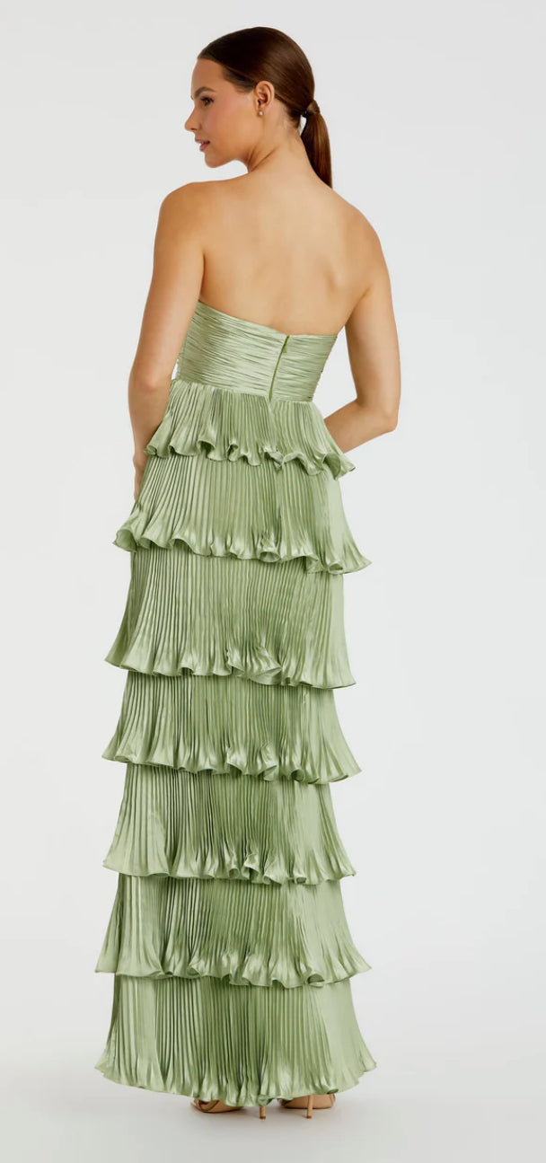 Macduggal 49981 Green Pleated Charmeuse Strapless Tiered Ruffle Long G Gigi's Closette Ltd. Macduggal 49981 Green Pleated Charmeuse Strapless Tiered Ruffle Long G Gigi's Closette Ltd.