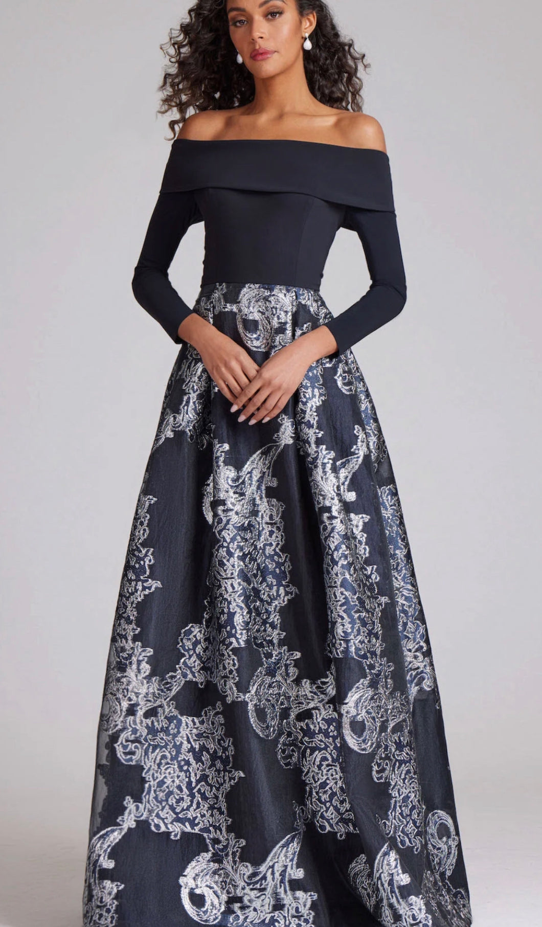 Teri Jon 237044 Black Off the Shoulder Gown with Jacquard Skirt